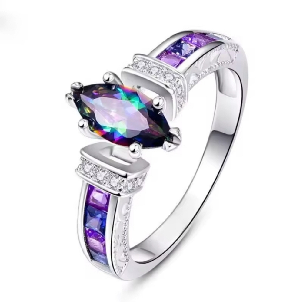 Mystic Marquis Cut Zircon Ring Purple Blue Side Stones Size 8 New